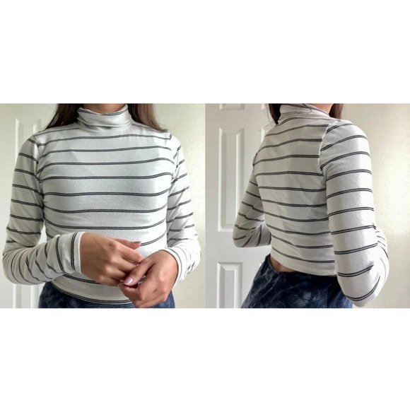 GARAGE 95% Cotton Cropped Cream Turtleneck w/Black Pinstripes Long Sleeve Size L - Picture 2 of 8